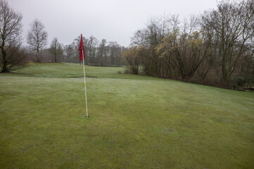 Serene golf course green with red flag