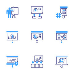 Presentation icon set. Bold line style. Duotone colors. Editable stroke. training, presentation, profit, business, seo, teaching