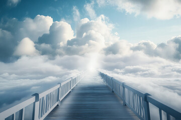 Obraz premium Elevated view of a bridge emerging from clouds at sunrise over a mountainous landscape