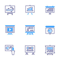 Presentation icon set. Bold line style. Duotone colors. Editable stroke. videopresentation, presentation, strategy, graph, business, whiteboard