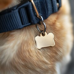Close-up of a bone-shaped metal identification tag hanging on a dog's collar. The collar and tag are made of durable materials, providing security and identification for the furry companion.