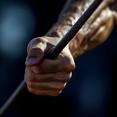 Closeup of a clenched male fist firmly gripping a wooden weapon or staff in a dramatic low-lit setting, conveying a sense of power, aggression, and intensity.