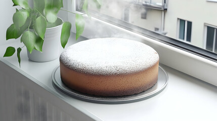 Freshly baked cake on windowsill, steam rising, city view, home kitchen, food photography, possible use for baking or recipe inspiration