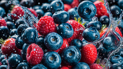 Fresh blueberries, strawberries and raspberries with a splash of water