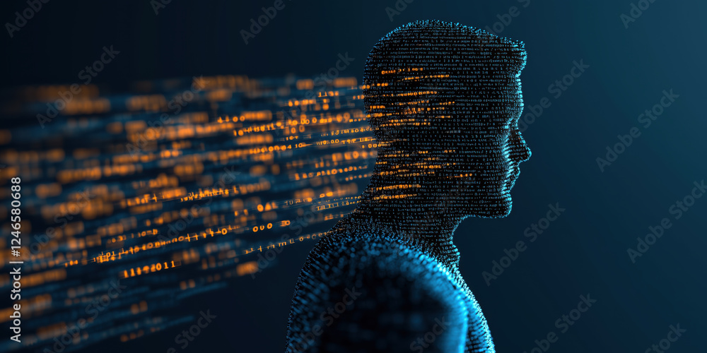 Poster abstract glowing human silhouette with flowing binary code representation