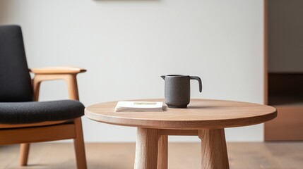 Modern minimalist living room, small wooden table, ceramic jug, book