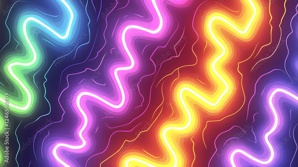 Poster colorful neon wavy lines creating a vibrant abstract pattern on a dark background
