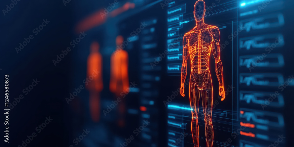 Poster digital human anatomy interface with glowing elements and data display