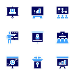 Presentation icon set. Bold style. Duotone colors. presentation, project, team, conference, planning