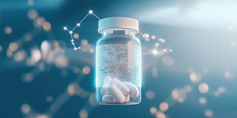 Digital pill bottle with holographic label and floating molecules