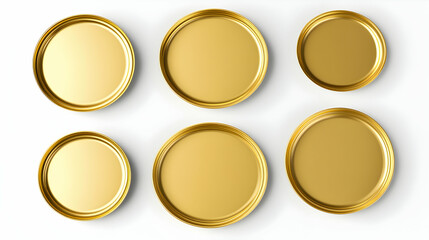 Gold Metal Can Lids, Various Sizes, Isolated, Studio Shot. Perfect for product catalog, packaging design, or food-related graphics