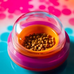 Closeup of a glass bowl filled with dry dog food kibble on a vibrant, colorful and textured surface. The bowl has an orange base and the food has a warm, earthy tone.