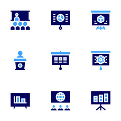 Presentation icon set. Bold style. Duotone colors. presentation, seminar, architecture, graphic, barchart, conference