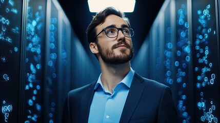 Fototapeta premium A man in a suit stands confidently in a high-tech server room with glowing blue lights around him.