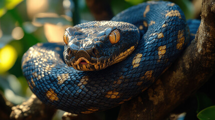 Obraz premium close up of vibrant snake resting on branch, showcasing its intricate scales and striking colors. sunlight highlights its features, creating captivating scene in nature