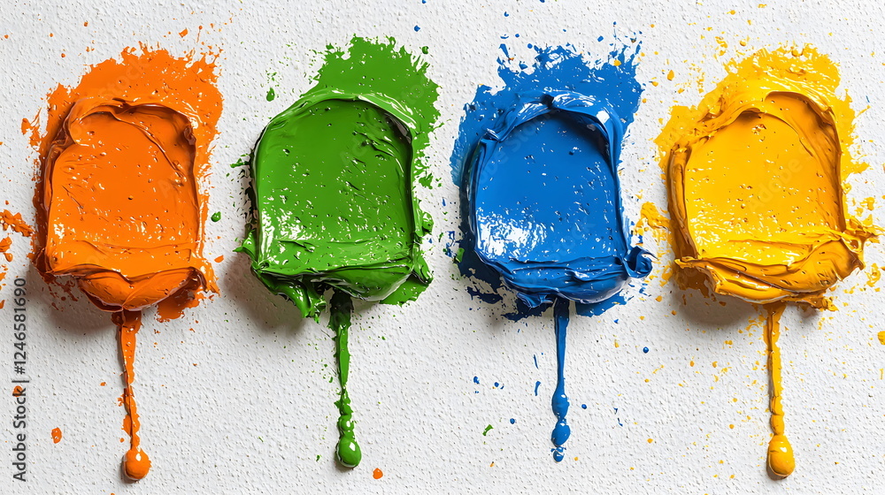 Poster colorful paint blobs splattered on textured white background with drips dripping down gently