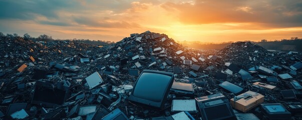 Dramatic Sunset Over Towering E Waste Landfill Highlighting Environmental Pollution Crisis