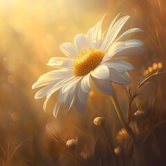 Closeup of a vibrant, pristine white daisy flower blossoming in a lush, idyllic meadow under the warm, golden glow of the summer sun. The delicate petals and bright yellow center create a serene.