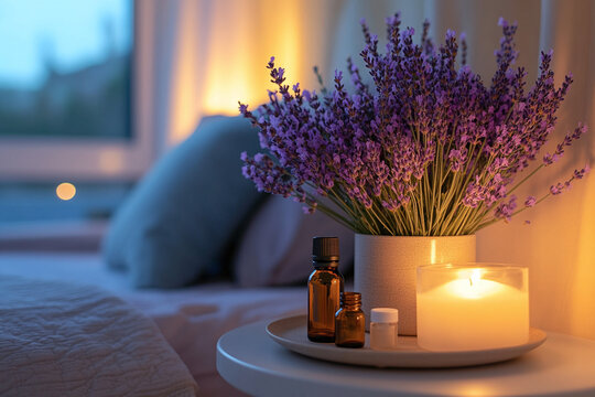 Tranquil evening setting, bedside table with lavender, candle and oil. A serene bedside table with lavender, essential oils, and candles, promoting natural sleep optimization
