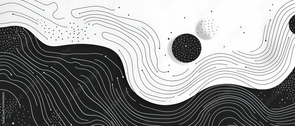 Aufkleber abstract maze in black and white with flowing lines and dots on a minimalist background