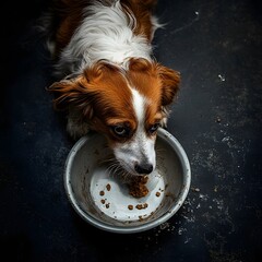 Closeup of an adorable and energetic puppy dog eagerly eating a meal from a bowl, with a messy and playful expression on its face, showcasing the pet's cute and friendly nature during mealtime.