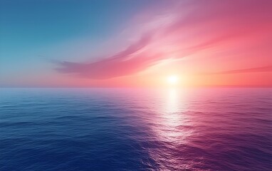 Fototapeta premium A serene ocean landscape at sunset, showcasing a smooth water surface reflecting vibrant hues of pink and blue in the sky. A tranquil moment of natural beauty.