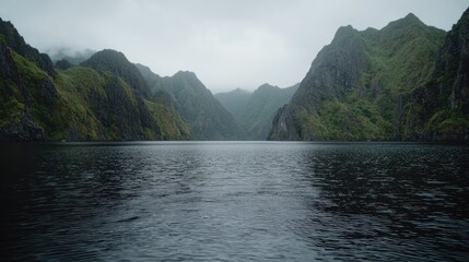 Rainy day, tranquil lake nestled between lush green mountains. Travel brochure