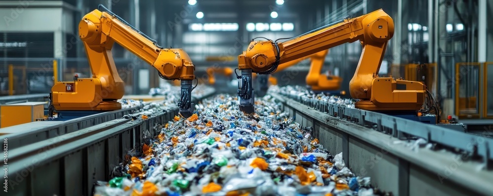 Poster robotic arms sorting waste in high tech facility for automated waste to energy conversion