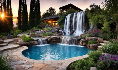 Naklejka premium Grand Waterfall in a Botanical Garden Flowing into a Pool at Sunset – Breathtaking Landscape Design with Flowing Water and Vibrant Colors