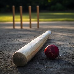 Closeup of cricket bat and red leather ball resting on dirt pitch of outdoor sports field with wooden stumps in background. Equipment and gear for popular summer team game competition.