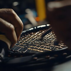 Closeup of hands typing on a computer keyboard in a dark office environment, with the keyboard and desk visible. Concept of digital work, technology, and productivity in a modern workspace.