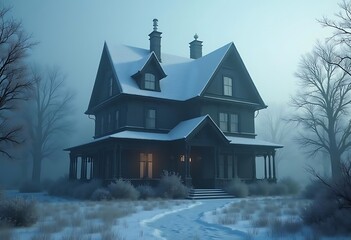 A snow covered Victorian house stands in a misty winter landscape