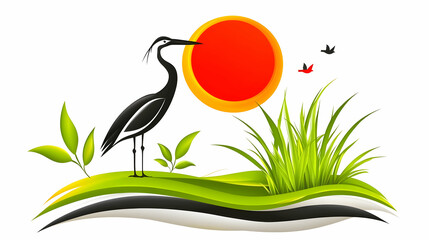 Naklejka premium Heron by sunrise, stylized nature scene. Use Greeting card, poster, or website design