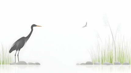 Fototapeta premium Heron by a calm water's edge, tranquil scene