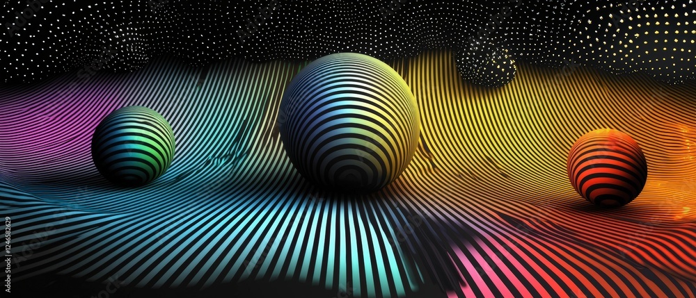 Sticker abstract black and white background with colorful swirling stripes and 3d spheres in a prisma effect
