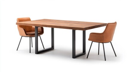 Industrial Dining Table with Steel Frame and Leather Chairs
