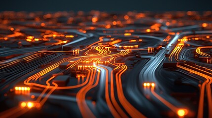 Abstract representation of illuminated circuit pathways, showcasing orange and blue light trails on a dark background, symbolizing technology and connectivity.