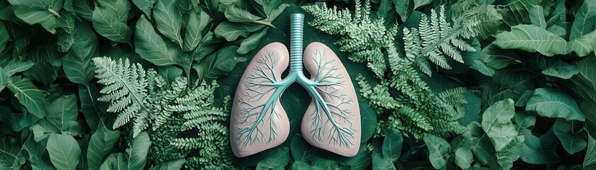 A stylized representation of lungs amidst lush green leaves, symbolizing health, nature, and the importance of clean air.