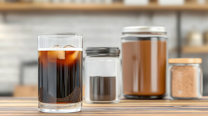 Iced coffee in glass, modern kitchen background, refreshing drink
