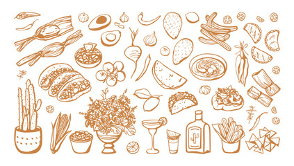 Hand drawn set of different Mexican dishes and products. Sketch drawings of Mexican cuisine