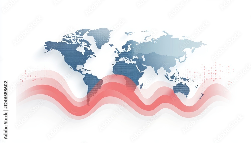Poster global financial data visualization, abstract world map with flowing lines, modern business concept