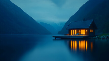 Fototapeta premium Lakeside cabin at dusk, tranquil scene, Norway, relaxing getaway, potential use for travel brochure