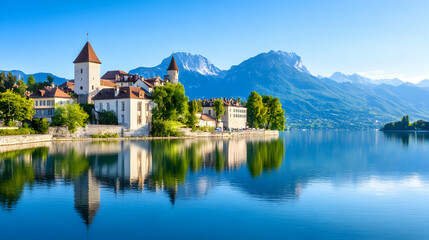 Lakeside village castle reflections, sunny morning, tranquil scene, tranquil background