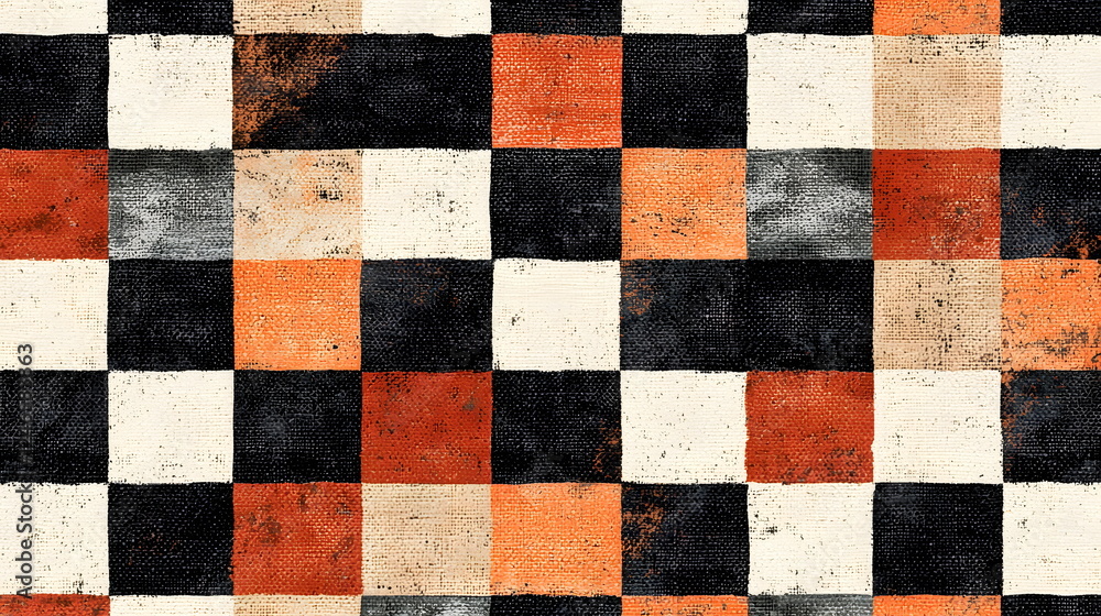 Aufkleber orange and black checkered pattern with distressed texture on a transparent background.