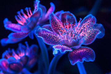 Brightly colored glowing flowers under dark background create a striking visual effect at night