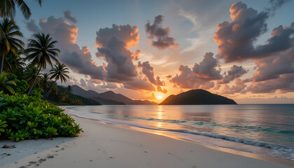Tropical Sunset Beach Scene with Palm Trees
