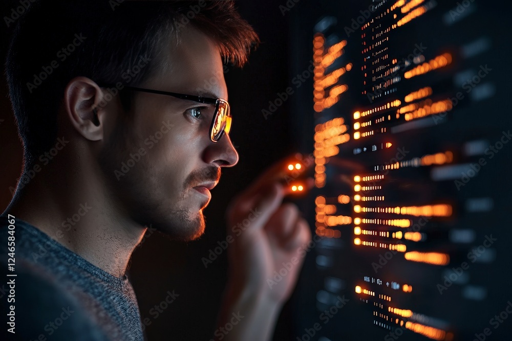 Poster focused male programmer analyzing data on a digital screen with glowing code and expressions of conc