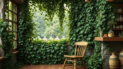 Obraz premium Rustic wooden chair in a country-style coffee shop surrounded by dense ivy foliage and natural stone, ivy foliage, warm rustic decor, wooden chair