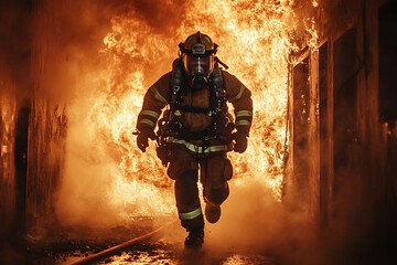 Fireman with mask uniform running out from a fire explosion. Fireman in front of burning open flames.