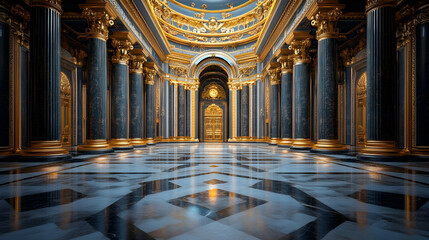 Luxurious Royal Hallway, Majestic Interior, Architectural Design, 3D Rendering, Background Image
